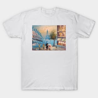 Paris Eiffel Tower, France, Oil Painting on Canvas of Street View with People T-Shirt